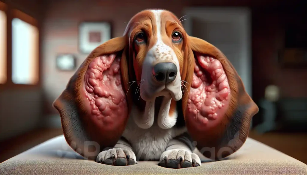 Basset Hound with droopy ears showing ear infection signs