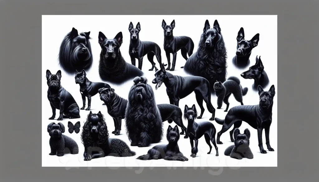 Collage of 10 beautiful black dog breeds showcasing their unique features and characteristics.