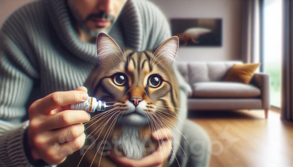 Cat with anxious expression while owner administers anti-anxiety medication.