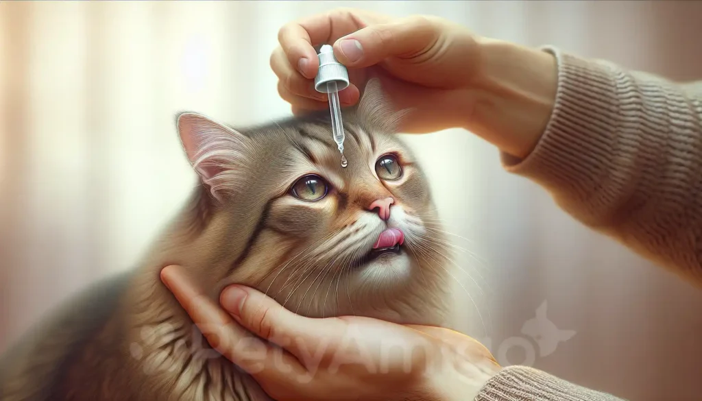 Cat receiving antibiotic treatment from owner with a dropper.