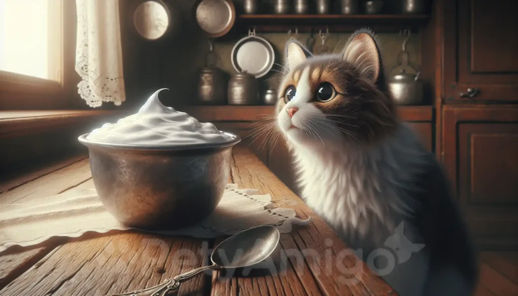 Cat sniffing a thick bowl of yogurt with fine fur details