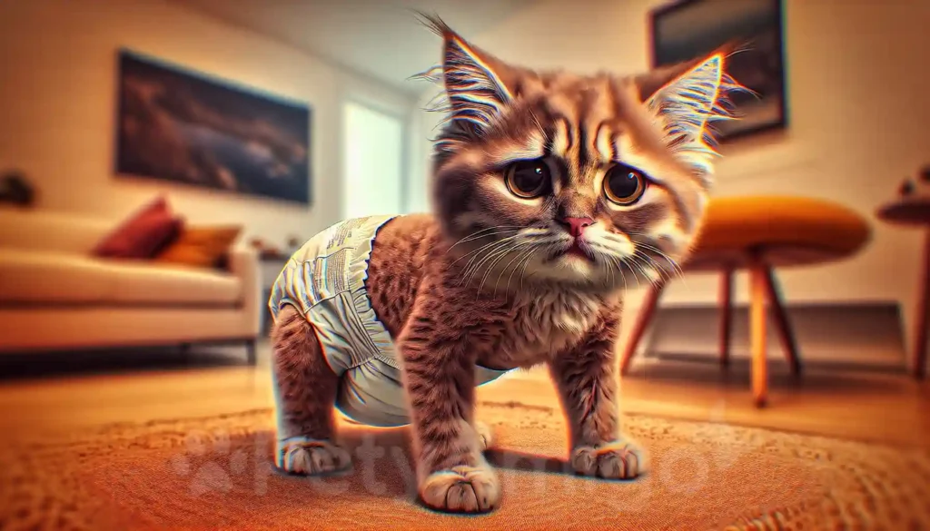 Puzzled cat wearing a fitted diaper in a cozy home setting.