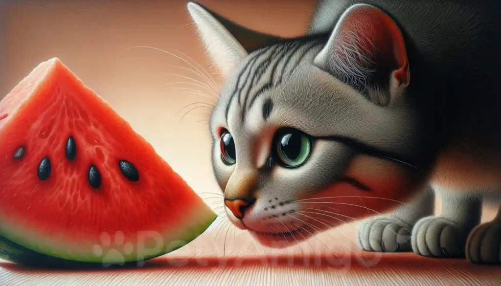 Curious cat sniffing a slice of watermelon with bright eyes and detailed fur.