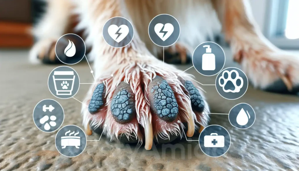 Close-up of a dog's foot pad showing signs of peeling