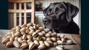 Dog gazing at pistachios on a table