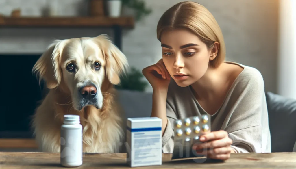 Dog owner examining Dramamine with unwell dog nearby.