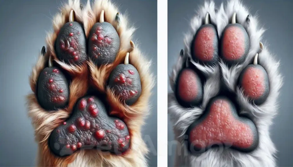 Close-up of dog paws showing blisters and red spots