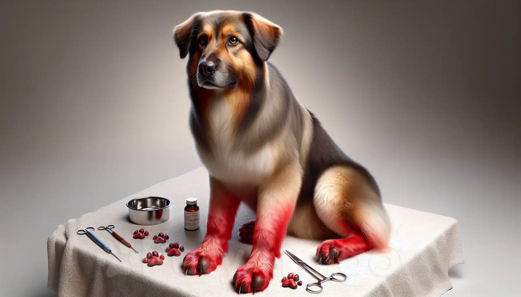 Dog with red paws, illustrating potential health concerns.