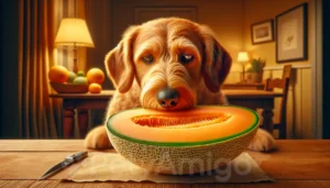 Dog sniffing freshly sliced cantaloupe on a wooden table.