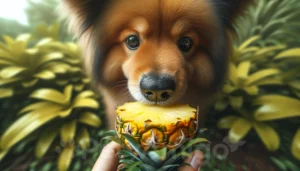 Dog sniffing a slice of pineapple with detailed fur