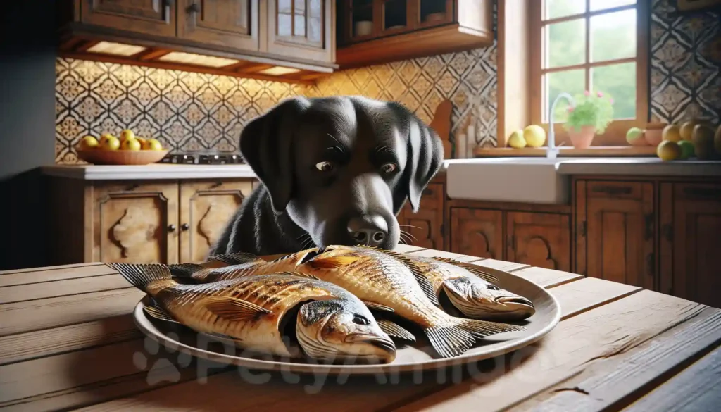 Dog sniffing grilled tilapia on a plate in a cozy kitchen.