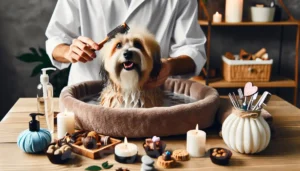 Dog enjoying a spa day with luxurious treats and pampering.