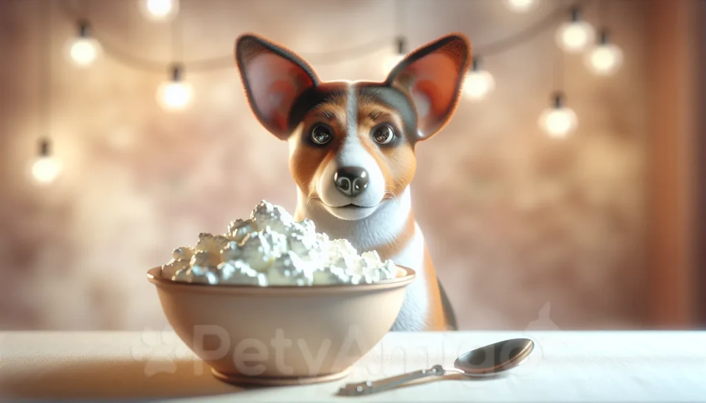 Dog with perked-up ears sitting next to a bowl of cottage cheese.