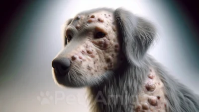 Calm dog with visible scabs on its fur