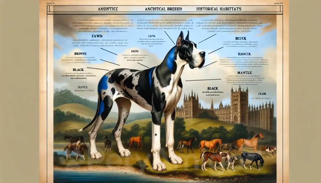 Illustration depicting the history and origins of the Great Dane breed.