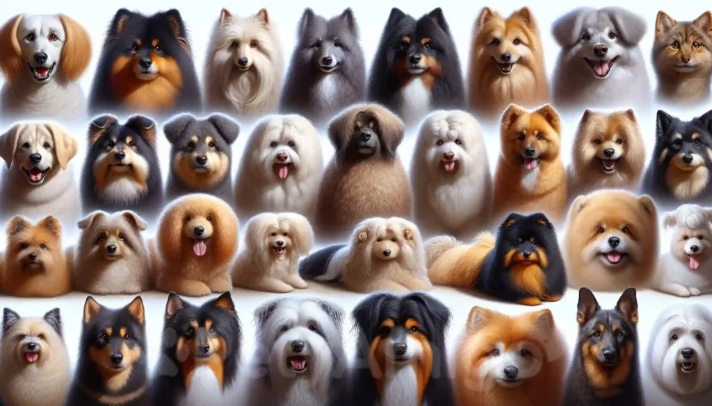 Collage of 15 fluffy dog breeds