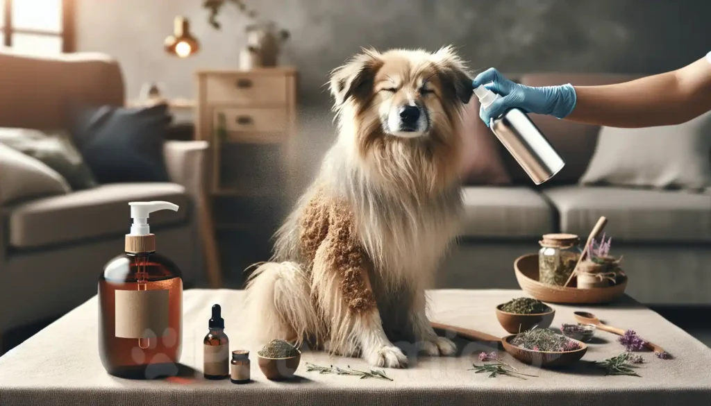 Dog with soothing anti-itch spray and natural skin remedies.